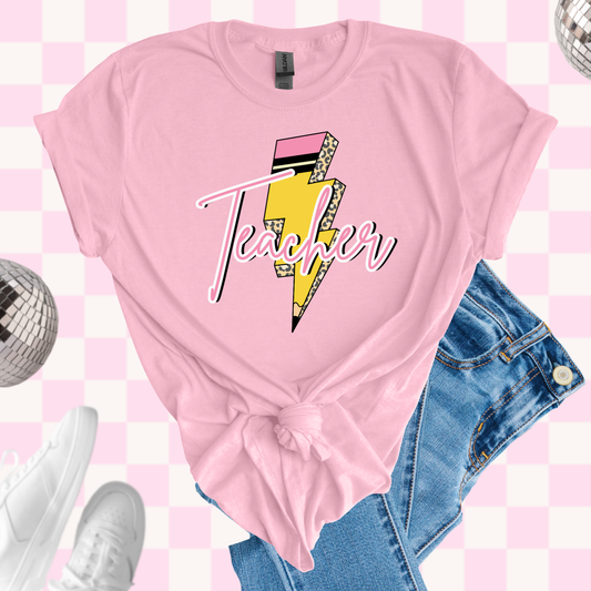 Teacher with pencil lightening bolt tshirt