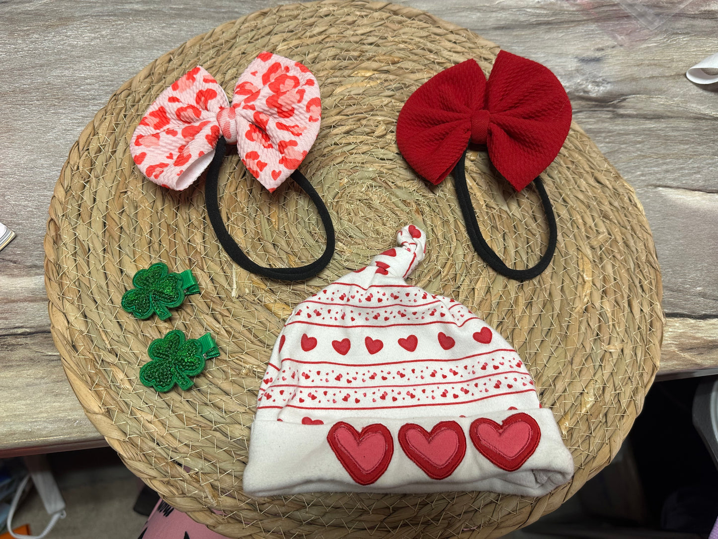 Baby Valentine bows and hat & Clover clips