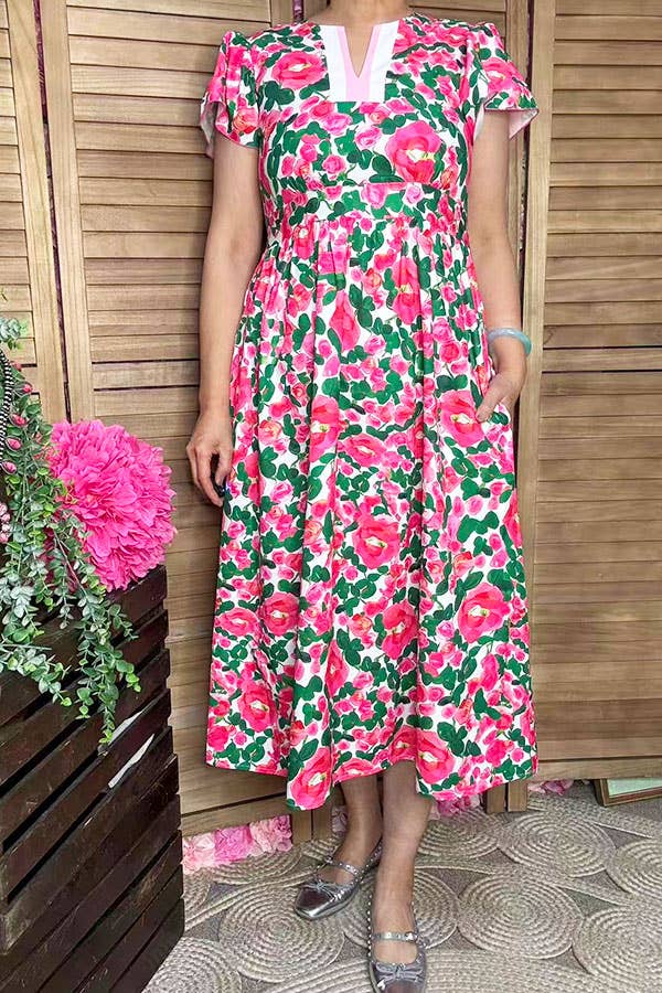 Pink & Green floral puff cap sleeves women maxi dress GJQ166