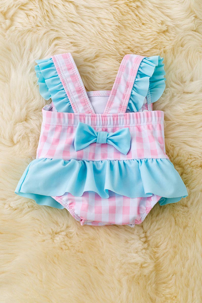 Super Cute gingham/character printed baby swimsuit. SWG50157 SOL