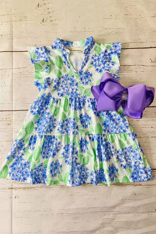 Green & blue floral flutter sleeves girls dress XCH03004