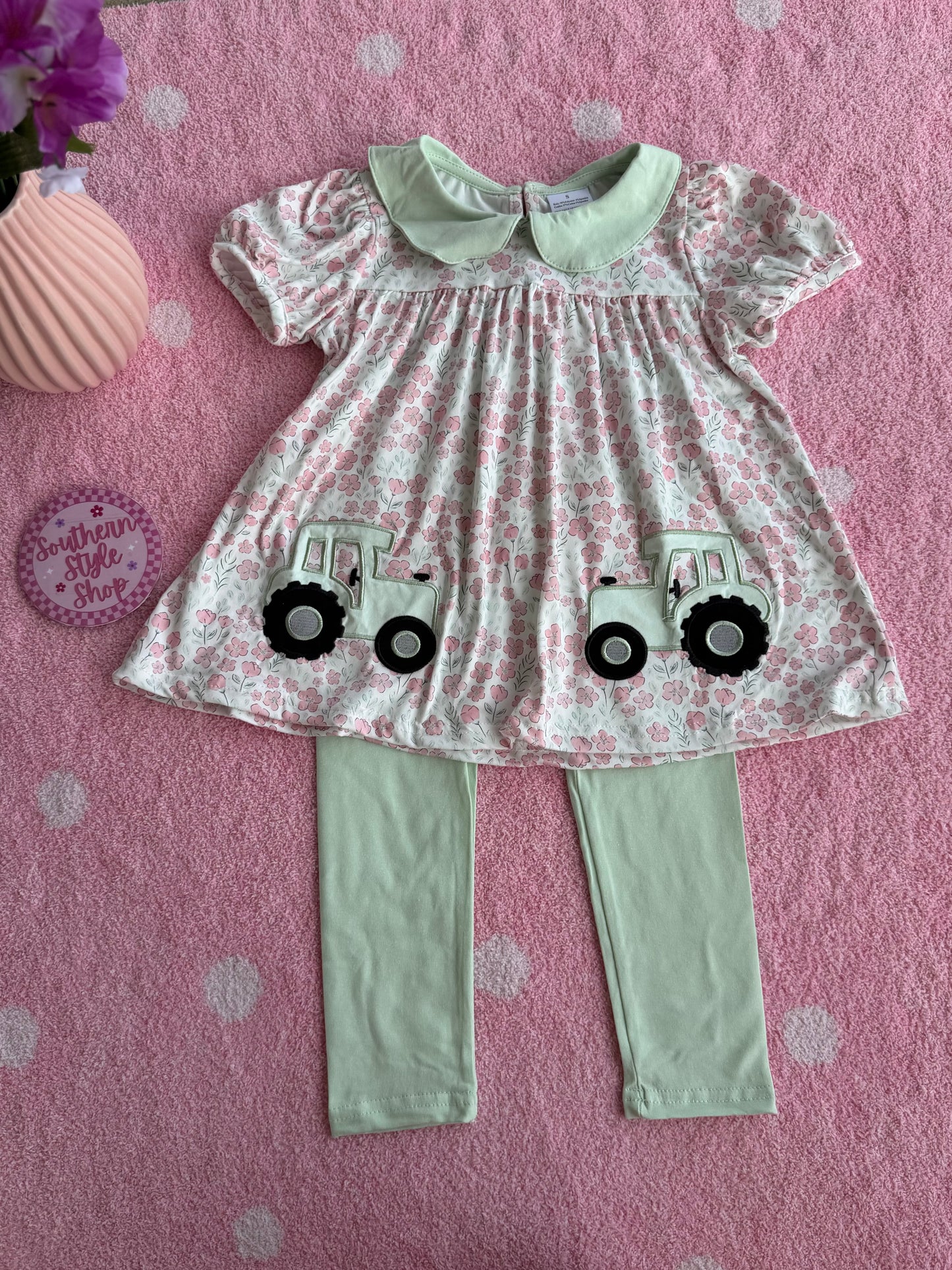 Tractor Applique Tunic & Dusty Green Leggings - 4T
