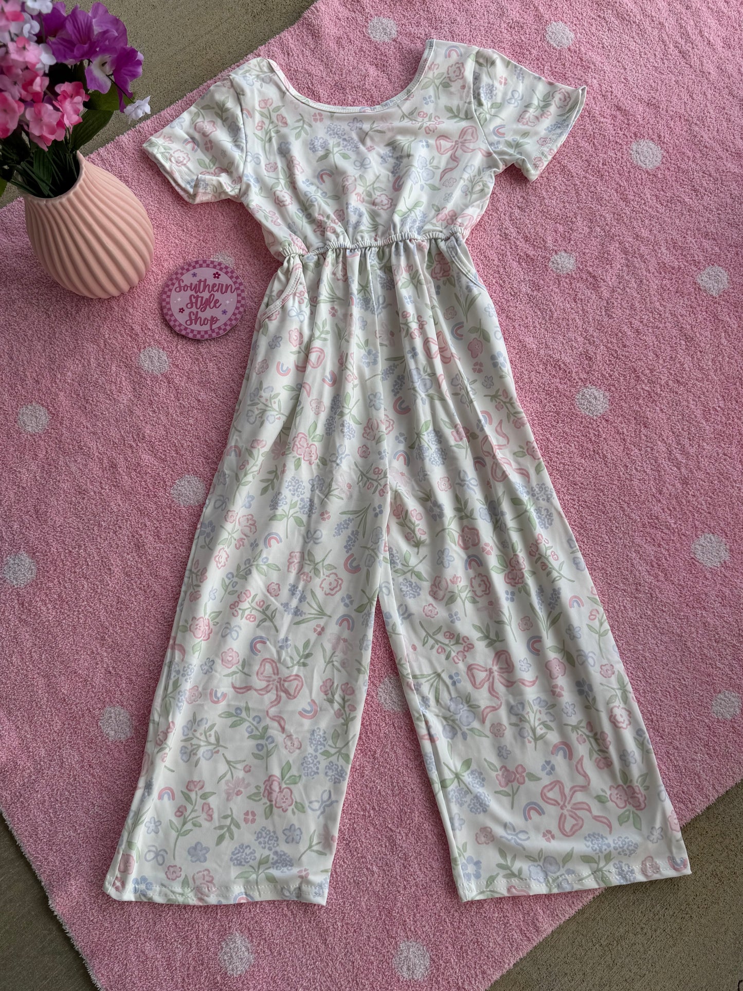 Coquette Bow & Flower Printed Jumpsuit W/Pockets - 6/7T