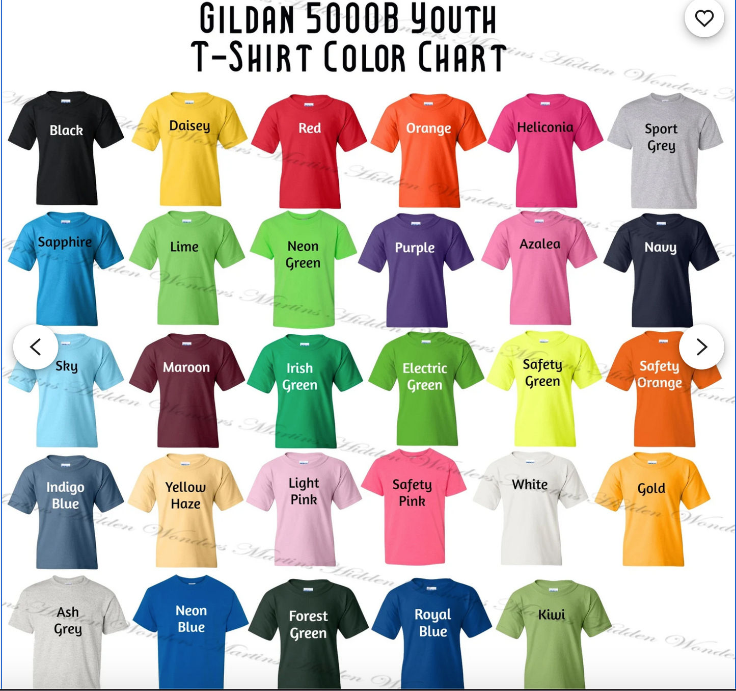 Gildan 5000b youth tshirt- color chart