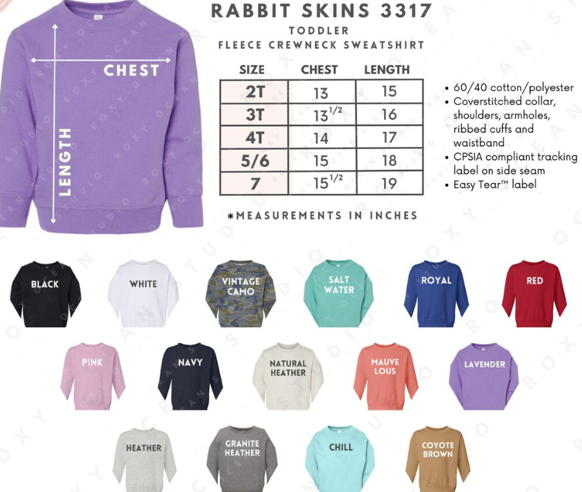 Rabit skins 3317 toddler sweatshirt - color chart