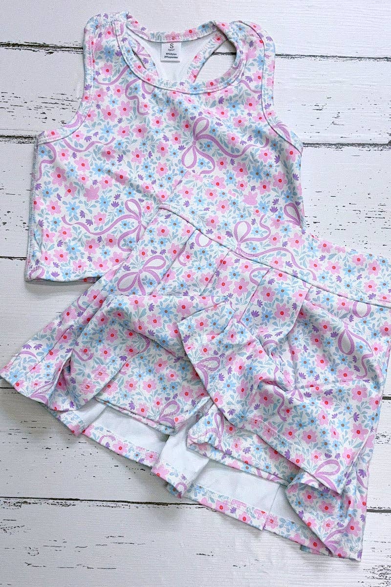 Patel floral & coquette bow printed crop top and pleaded skort. GSD013004-AMY