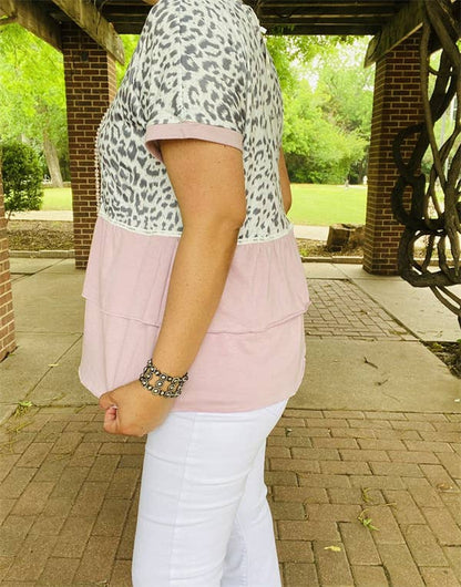 Leopard & light pink baby doll women tops BQ14807