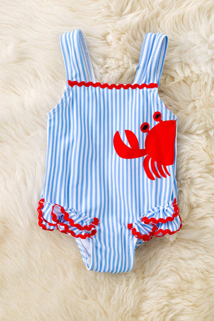 White & blue stripe & Crab printed swimsuit.  SWG60091 AMY