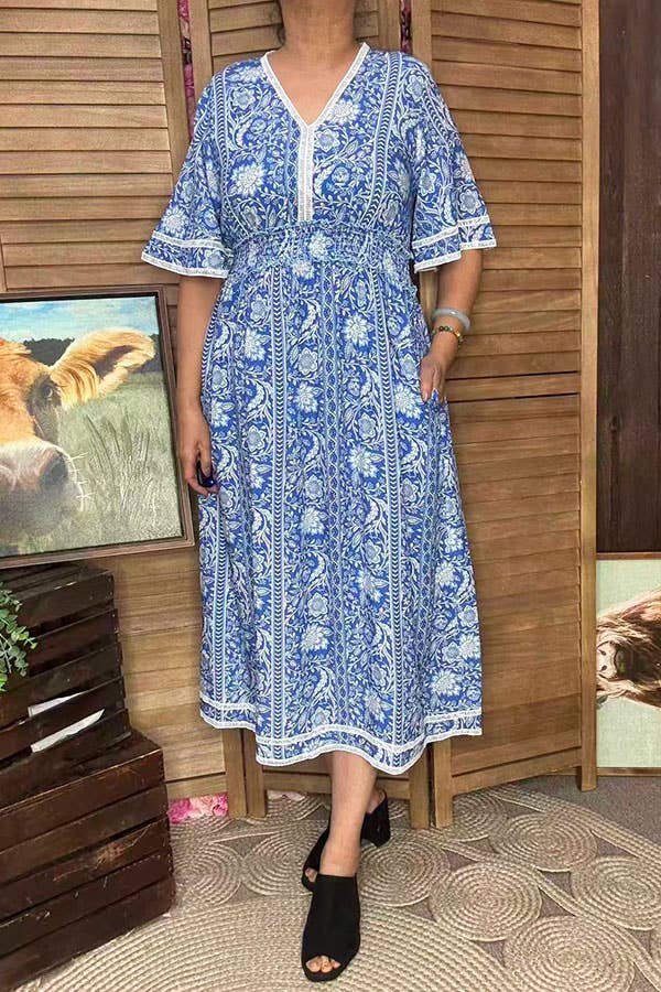 Blue floral print lace trim rayon maxi women dress GJQ16689