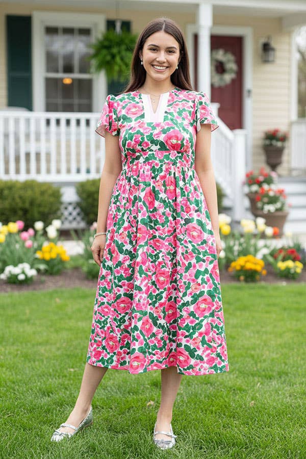 Pink & Green floral puff cap sleeves women maxi dress GJQ166