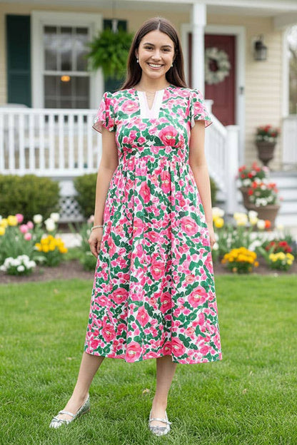 Pink & Green floral puff cap sleeves women maxi dress GJQ166