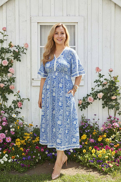 Blue floral print lace trim rayon maxi women dress GJQ16689