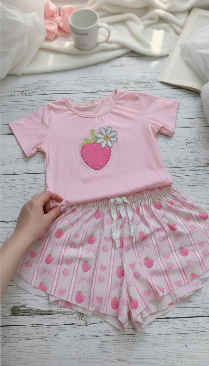 Strawberry applique T-shirt & girls flowy shorts. GSSO120202 JEA