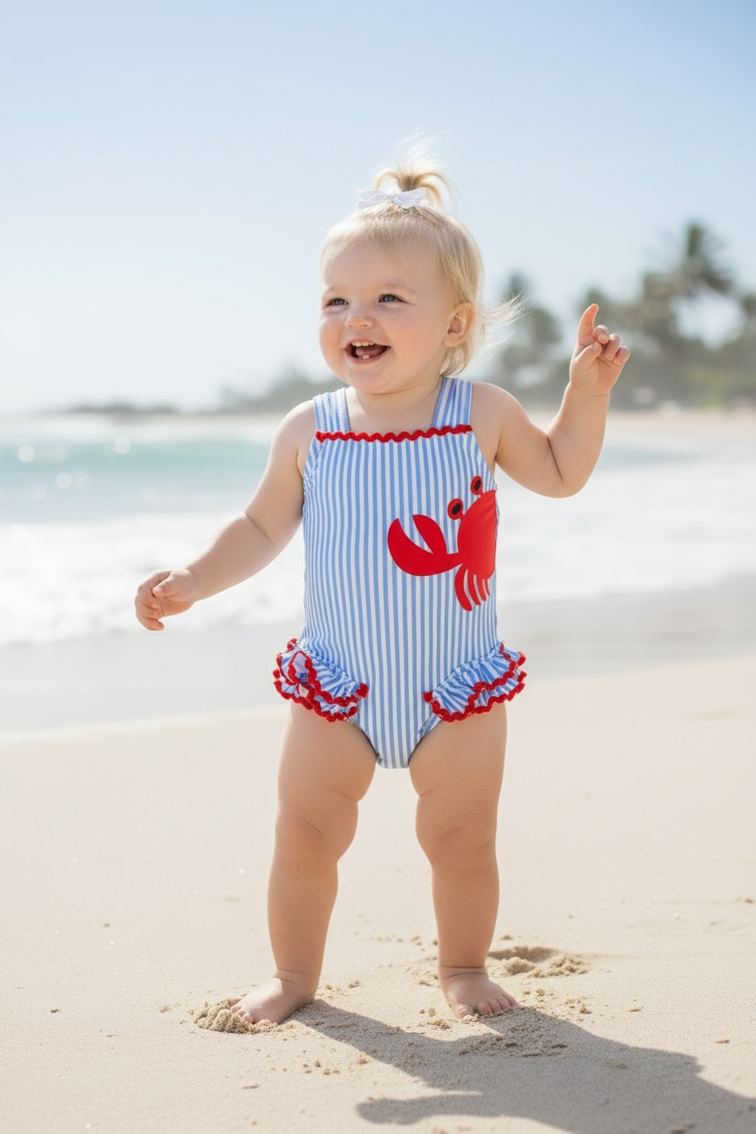 White & blue stripe & Crab printed swimsuit.  SWG60091 AMY