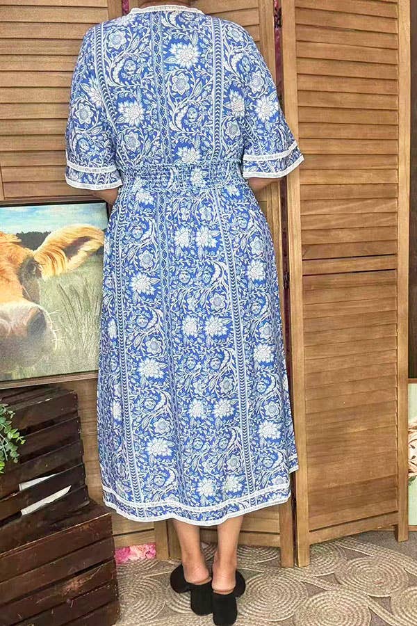 Blue floral print lace trim rayon maxi women dress GJQ16689