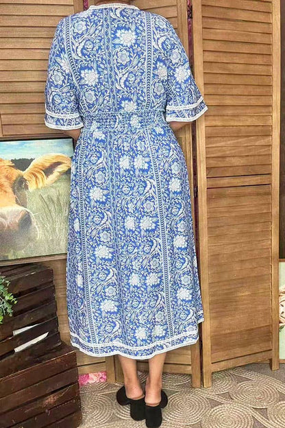Blue floral print lace trim rayon maxi women dress GJQ16689