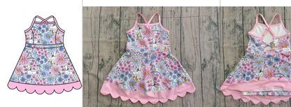 Seagull / floral printed girls dress with pink scallop hem. GSD013016 AMY