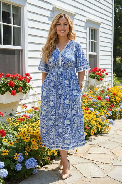 Blue floral print lace trim rayon maxi women dress GJQ16689