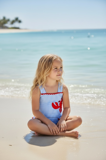 White & blue stripe & Crab printed swimsuit.  SWG60091 AMY
