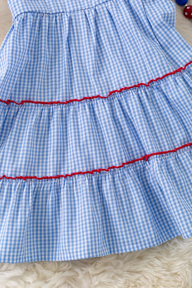 Blue gingham patriotic tiered dress. DRG60732 AMY