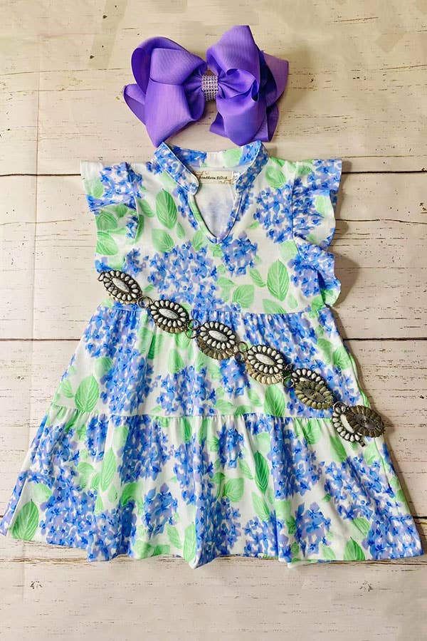 Green & blue floral flutter sleeves girls dress XCH03004