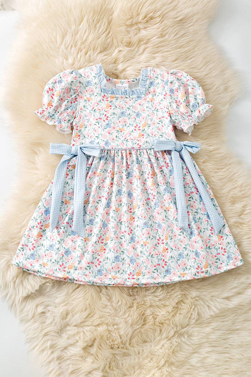 Blue & Coral Ditsy floral dress w/square neckline & side bows. DRG61560 JEAN