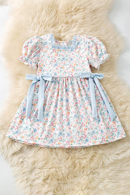 Blue & Coral Ditsy floral dress w/square neckline & side bows. DRG61560 JEAN
