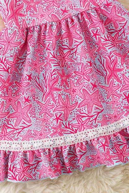 Fucshia sea Star printed cute flare dress. DRG60748 AMY