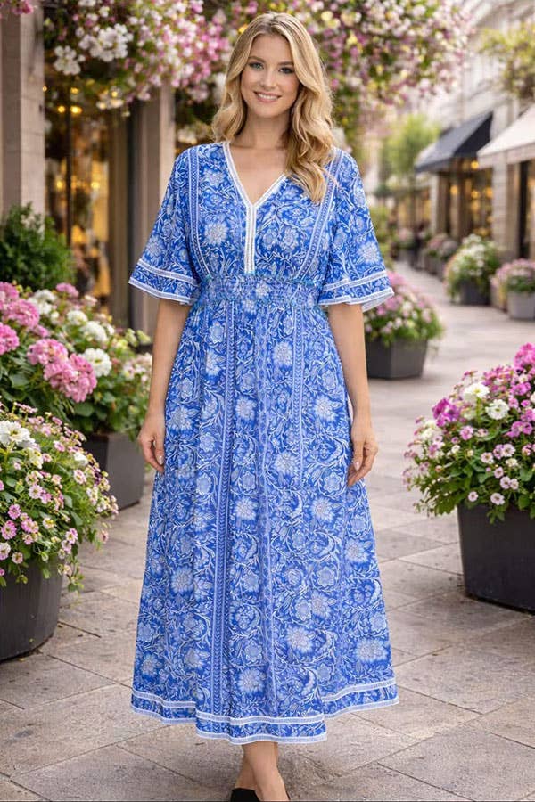 Blue floral print lace trim rayon maxi women dress GJQ16689