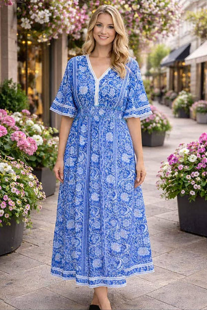 Blue floral print lace trim rayon maxi women dress GJQ16689