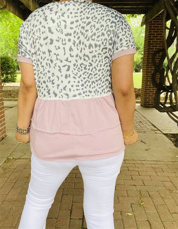 Leopard & light pink baby doll women tops BQ14807