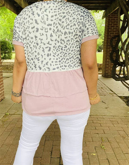 Leopard & light pink baby doll women tops BQ14807