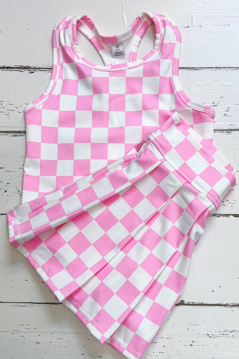 Lt. Pink & white checker printed crop top and skort. SR11271