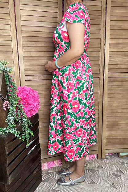 Pink & Green floral puff cap sleeves women maxi dress GJQ166