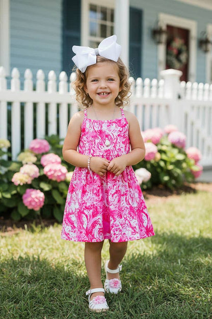 Pink paisley printed sleeveless girls dress w/criss cross