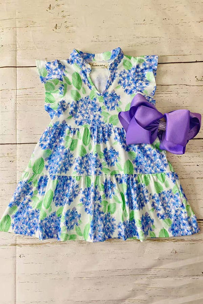 Green & blue floral flutter sleeves girls dress XCH03004