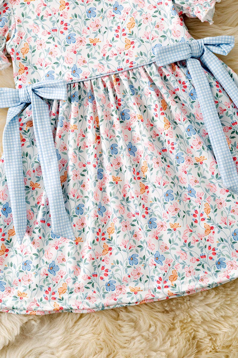 Blue & Coral Ditsy floral dress w/square neckline & side bows. DRG61560 JEAN