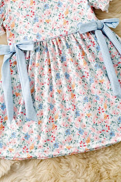 Blue & Coral Ditsy floral dress w/square neckline & side bows. DRG61560 JEAN