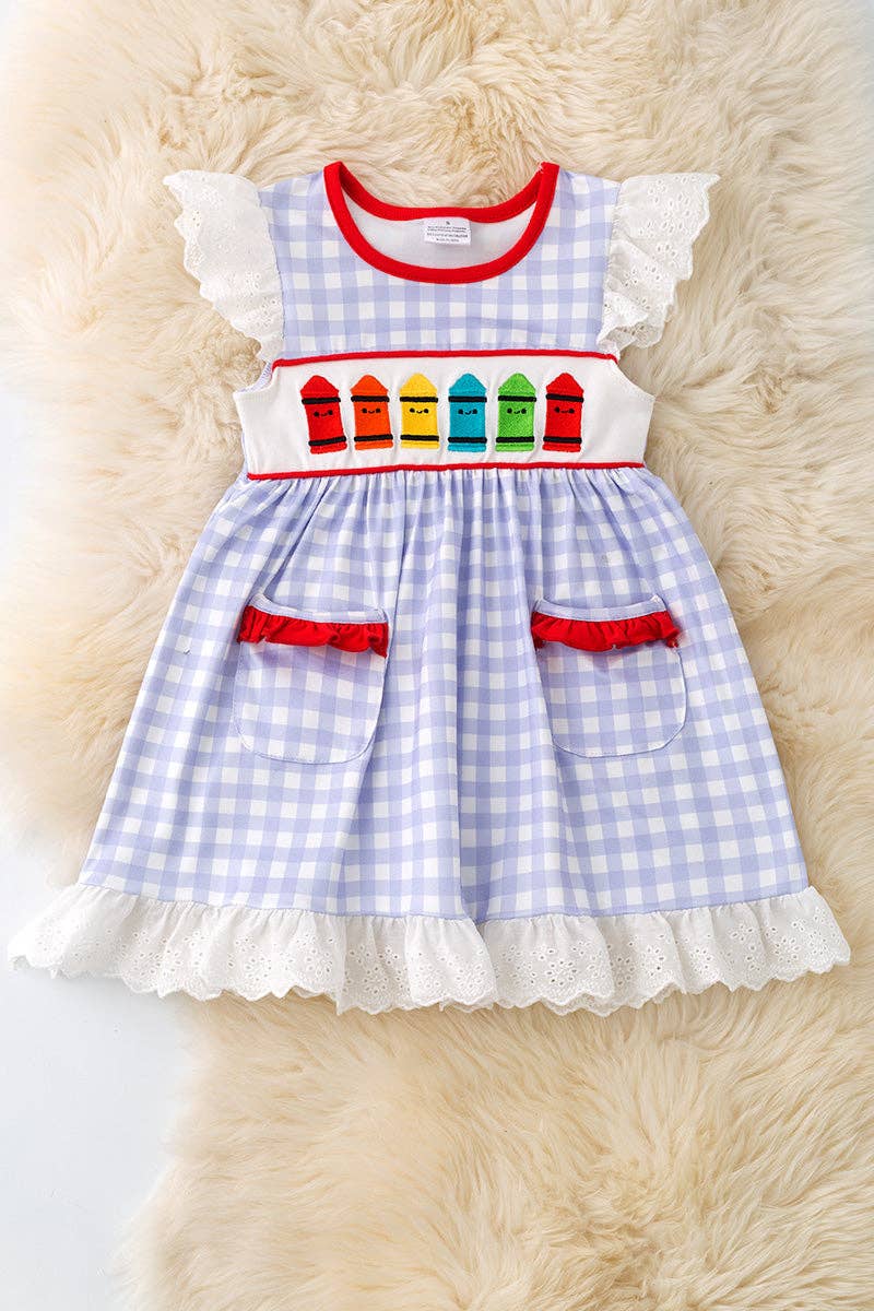 Crayon embroidered dress with gingham print & front pockets.  DRG51187