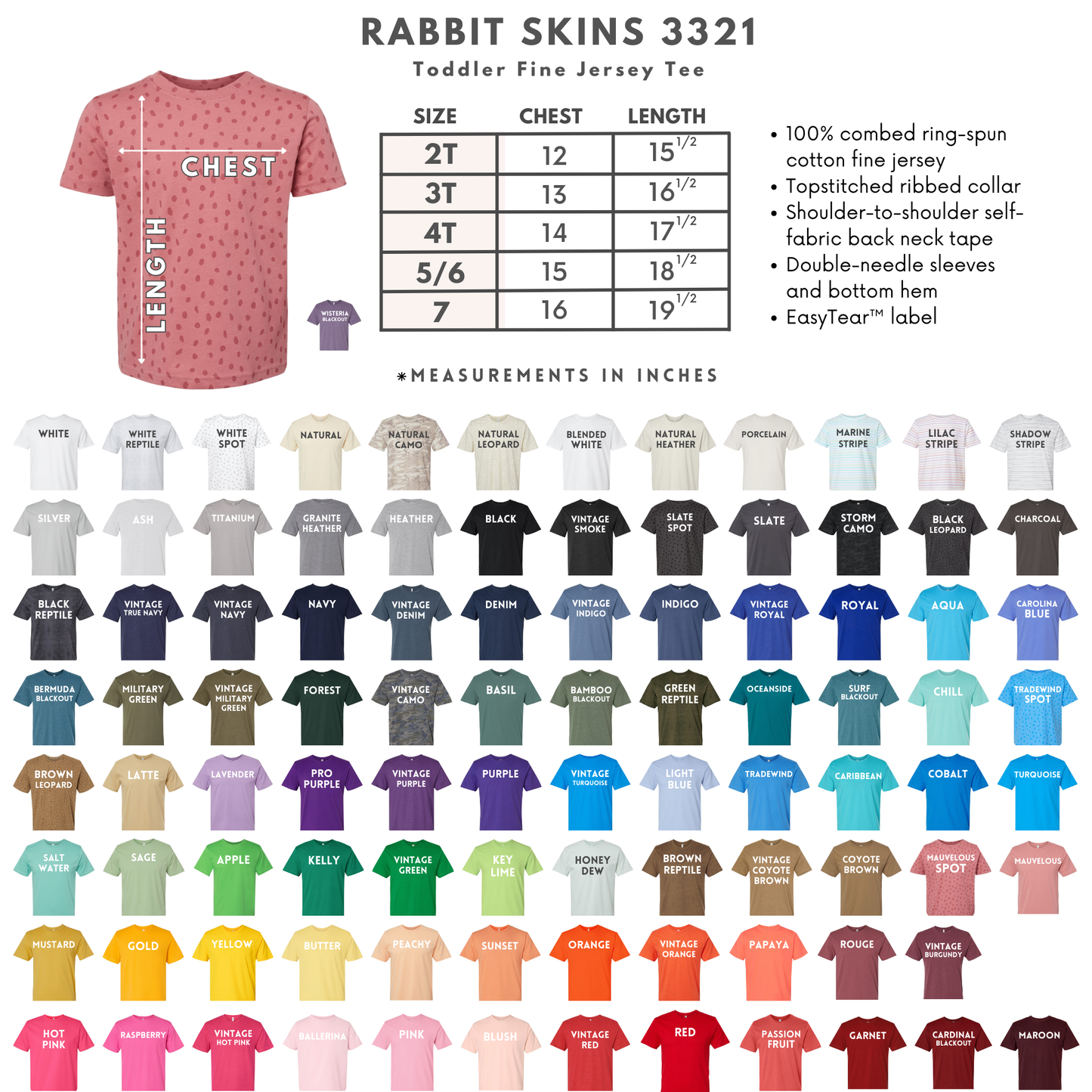 Rabit skins 3321 youth tshirt- color chart