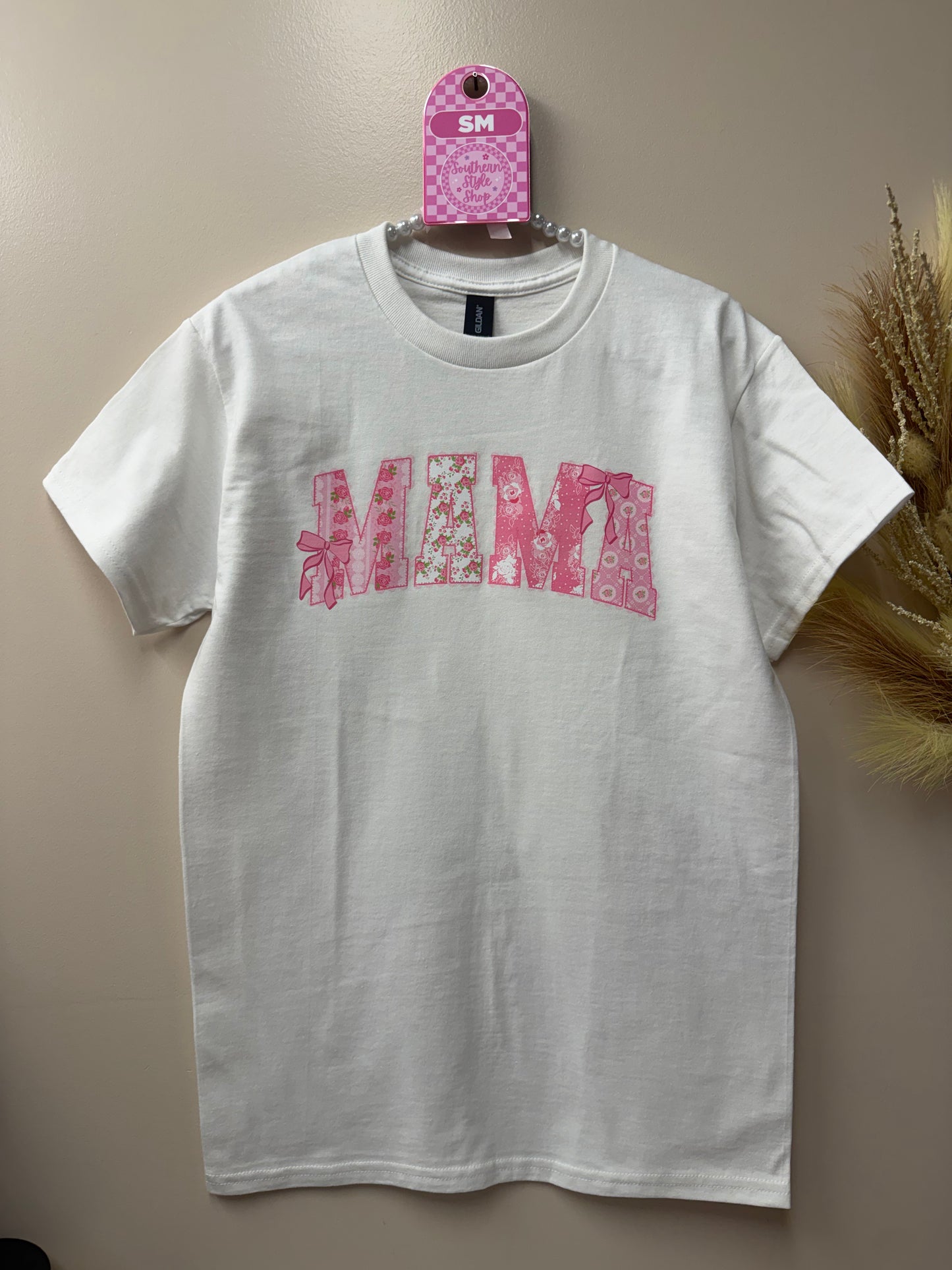 Adult small pink coquette mama tshirt