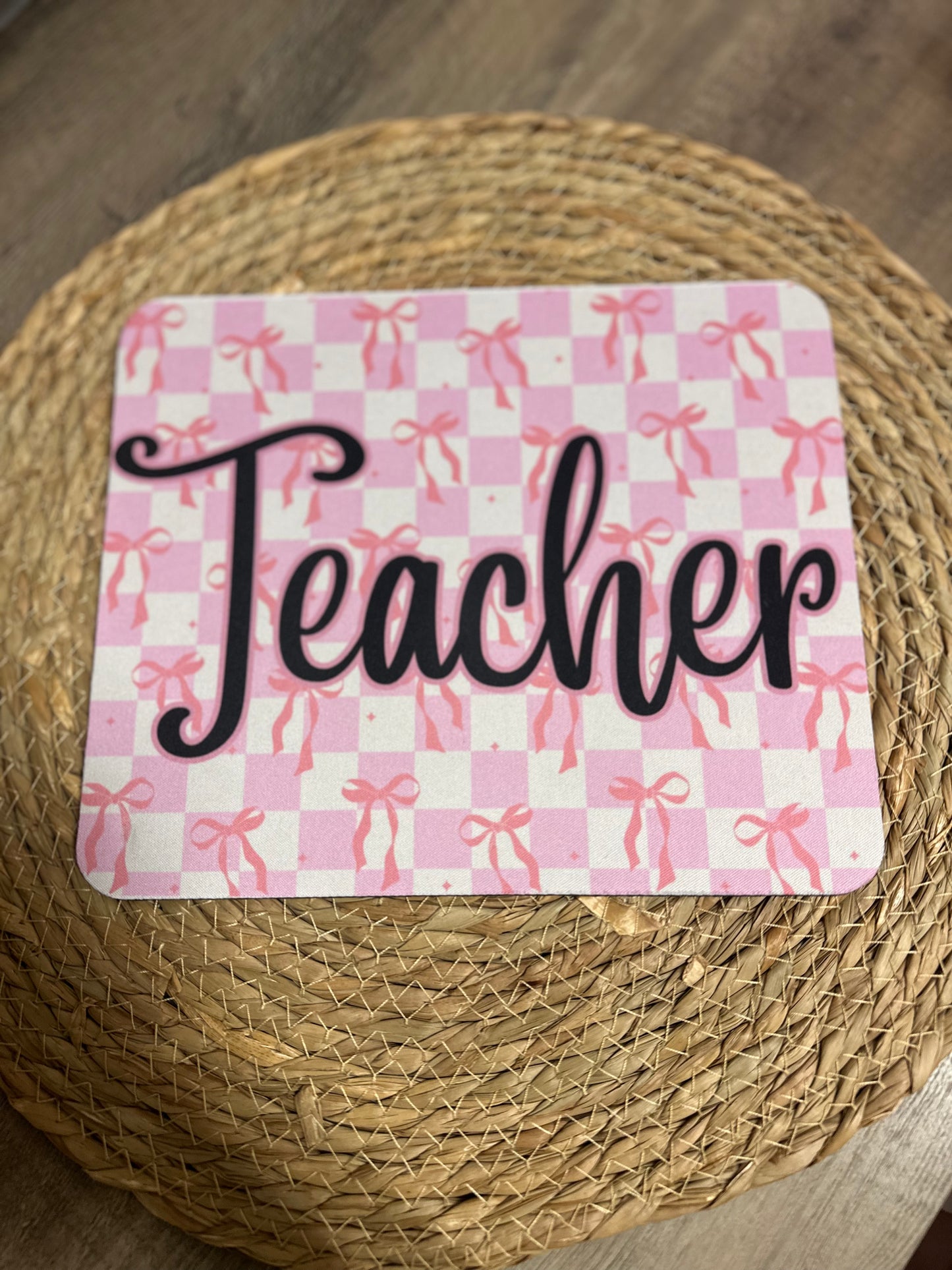 Teacher pink checkered bow mouse pad