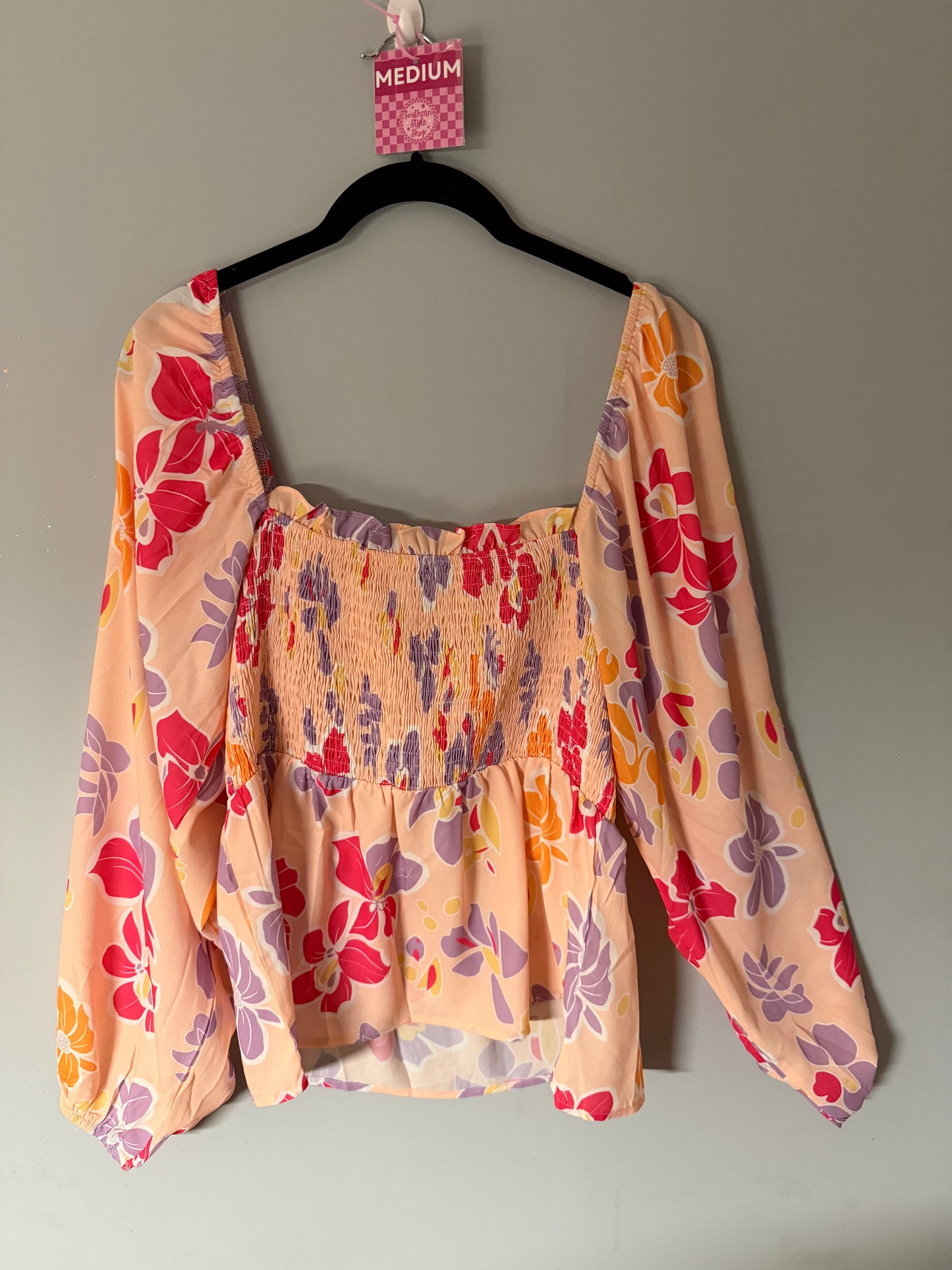 Peach Floral Smocked Blouse – Medium