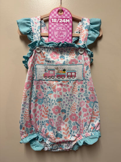 Floral Train Smocked Bubble Romper- 18/24m