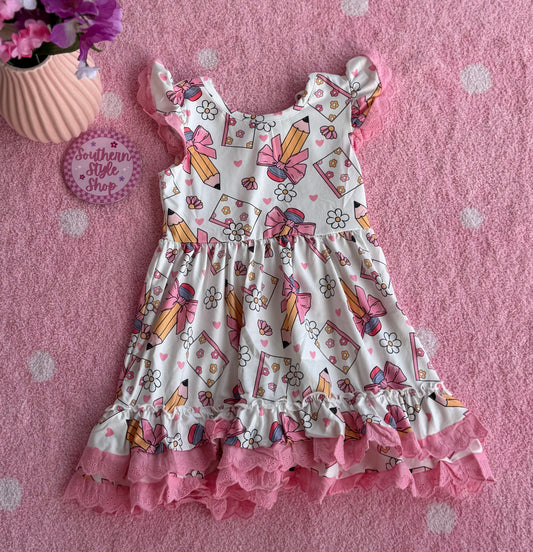 Cute Floral Pencil Printed Dress w/ Pink Lace Trim 3T