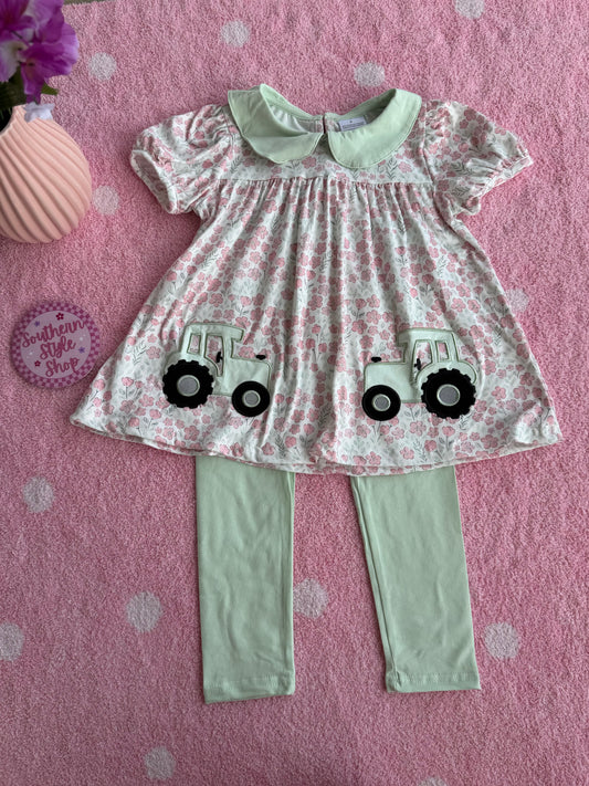 Tractor Applique Tunic & Dusty Green Leggings - 4T