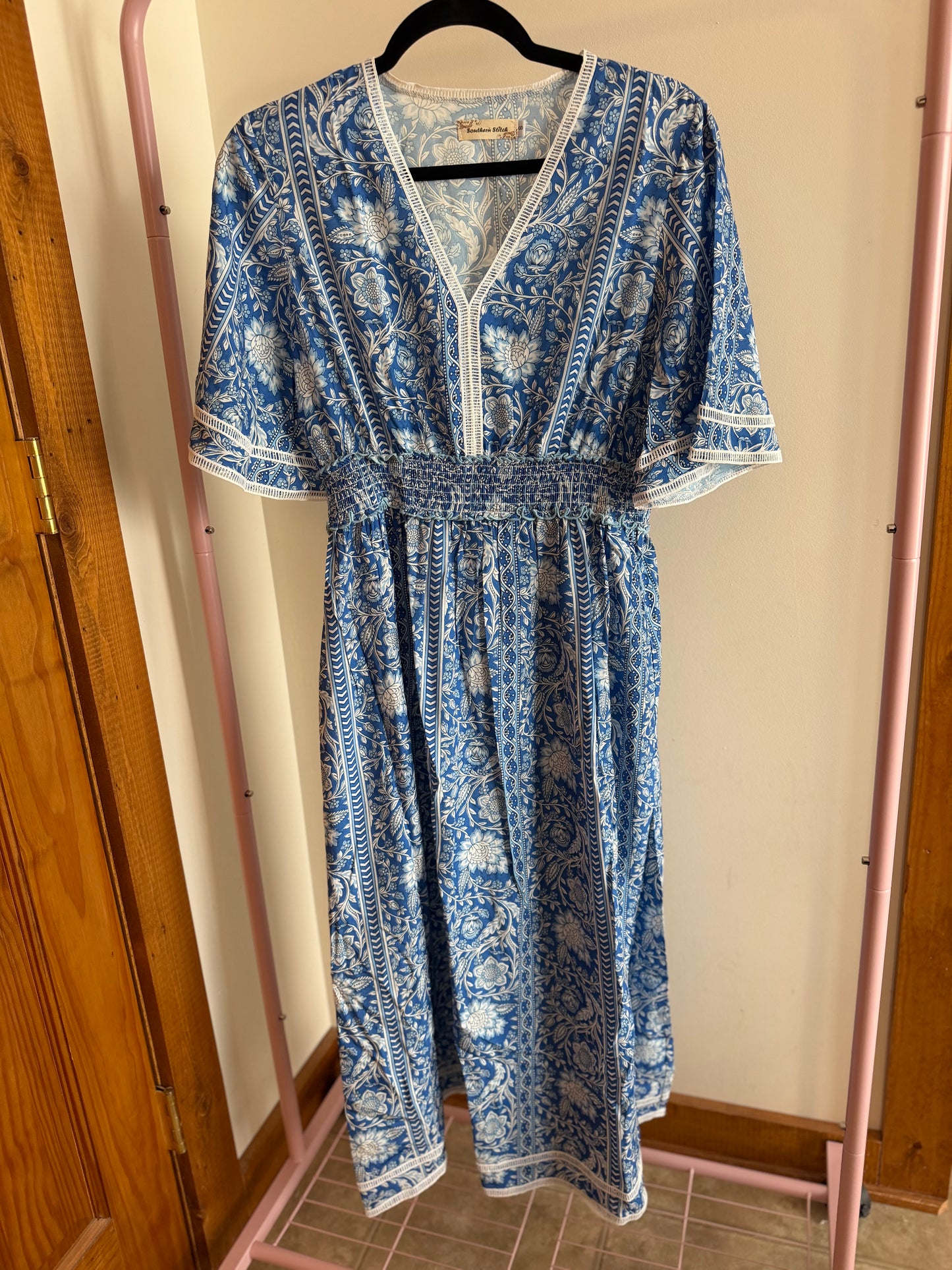 Blue & White Floral Smocked Waist Maxi Dress