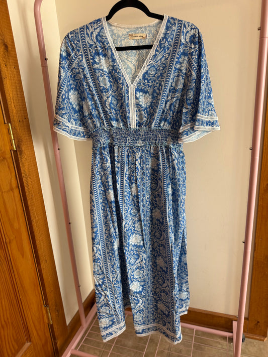 Blue & White Floral Smocked Waist Maxi Dress