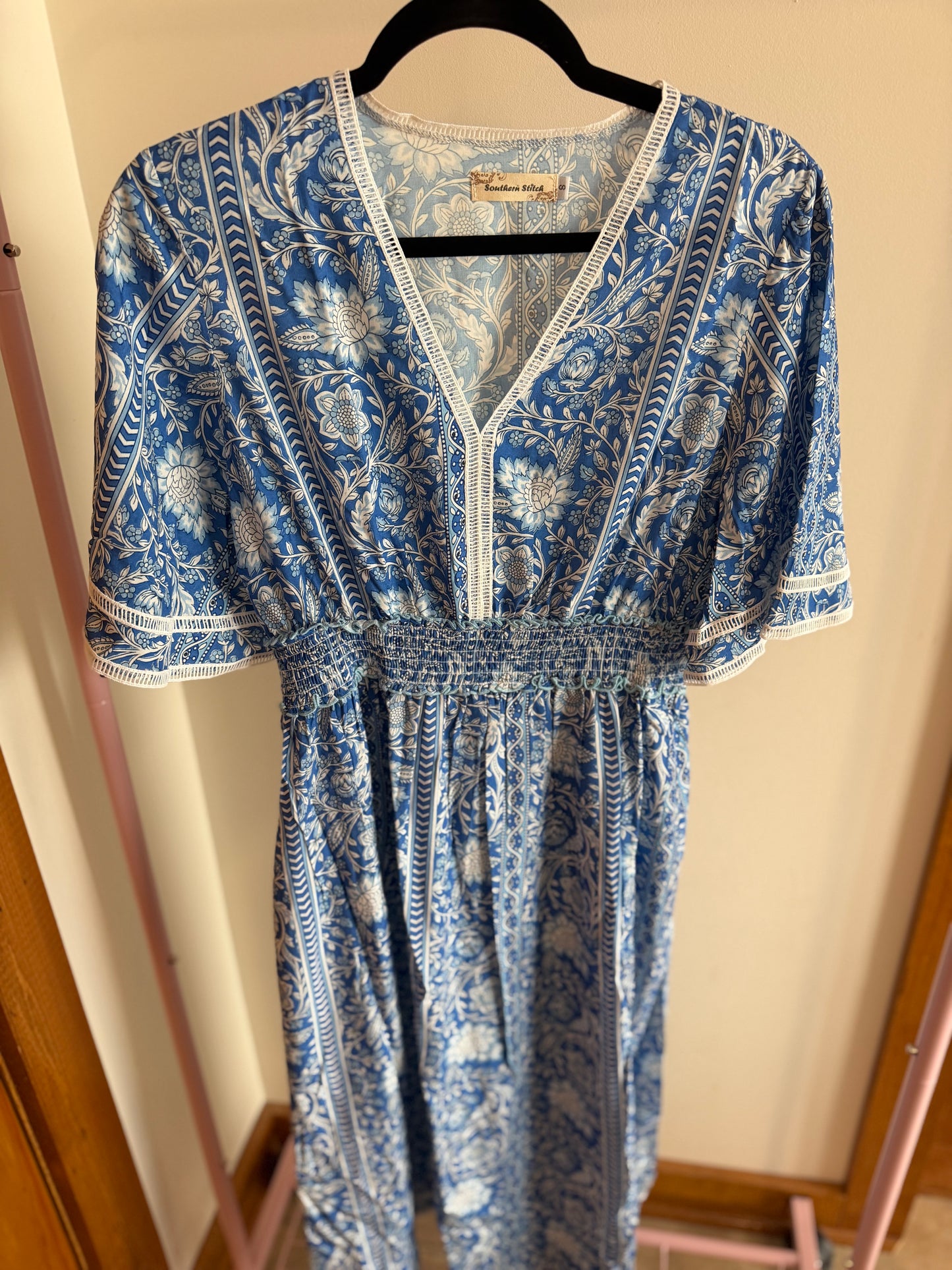 Blue & White Floral Smocked Waist Maxi Dress