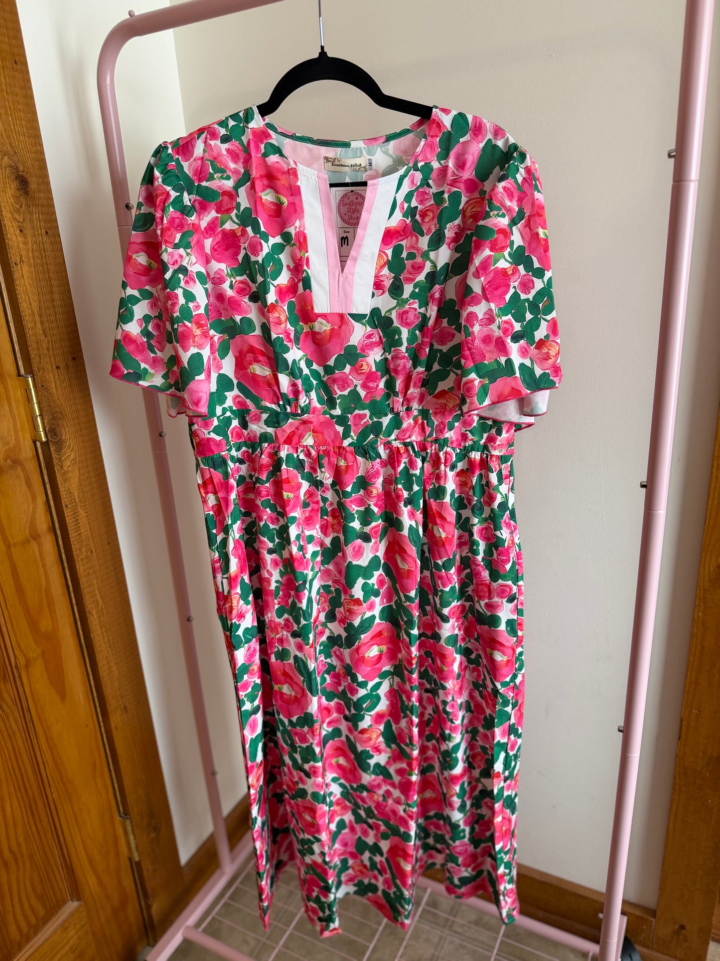 Pink Rose Floral Flutter Sleeve Midi Dress